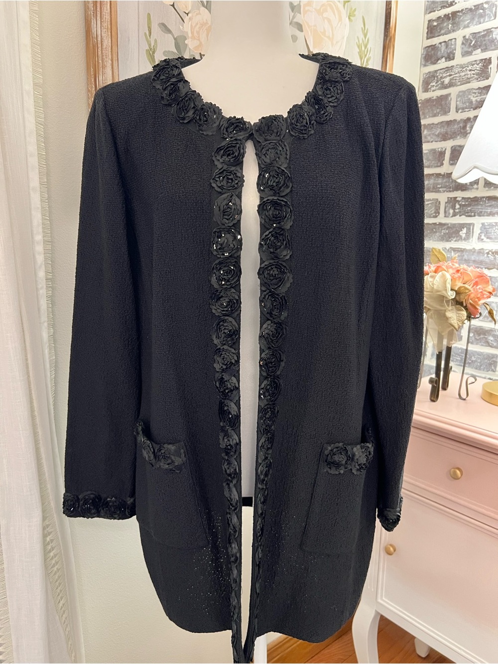 St. John Black Rose-Trim Long Open Blazer